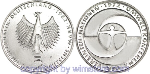 BRD, 5 Mark 1982 F, Umweltkonferenz, KM 157, Ku/Ni vernickelt