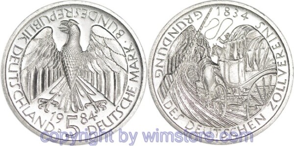 BRD, 5 Mark 1984 D, Deutscher Zollverein, KM 160, Ku/Ni vernickelt