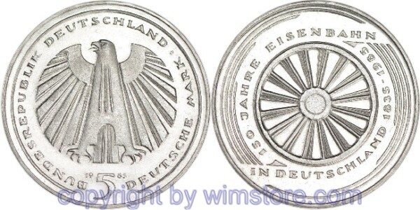 BRD, 5 Mark 1985 G, Eisenbahn, KM 163, Ku/Ni vernickelt