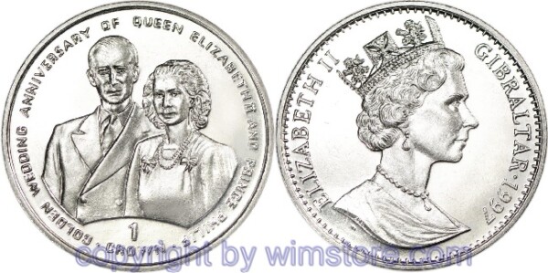 Gibraltar, 1 Crown 1997, Goldene Hochzeit, Elizabeth und Philip, KM 530, Ku/Ni