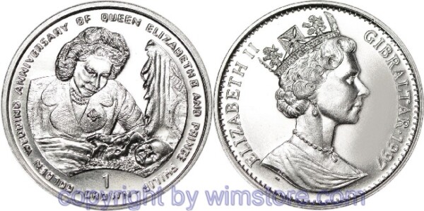 Gibraltar, 1 Crown 1997, Goldene Hochzeit, Geburt von Prinz Charles, KM 532, Ku/Ni