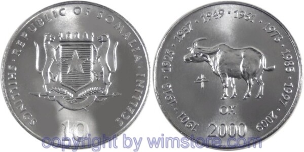 Somalia, 10 Shillings (Scellini) 2000, Büffel, KM 91, Stahl-vernickelt
