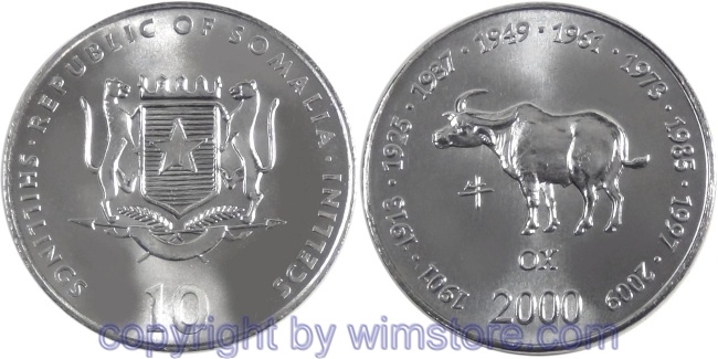 Somalia, 10 Shillings (Scellini) 2000, Büffel, KM 91, Stahl-vernickelt