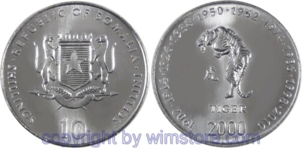 Somalia, 10 Shillings (Scellini) 2000, Tiger, KM 92, Stahl-vernickelt