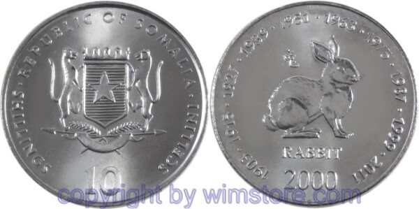 Somalia, 10 Shillings (Scellini) 2000, Hase, KM 93, Stahl-vernickelt