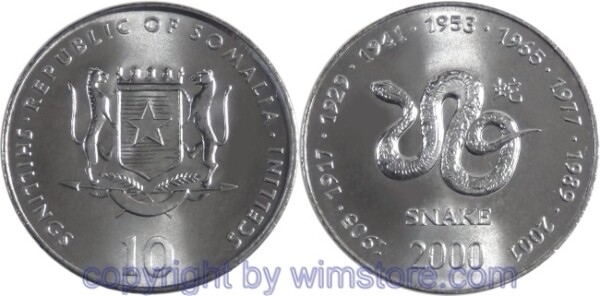 Somalia, 10 Shillings (Scellini) 2000, Schlange, KM 95, Stahl-vernickelt