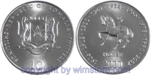 Somalia, 10 Shillings (Scellini) 2000, Pferd, KM 96, Stahl-vernickelt