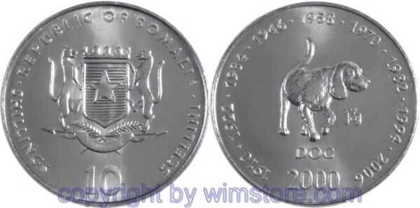 Somalia, 10 Shillings (Scellini) 2000, Hund, KM 100, Stahl-vernickelt