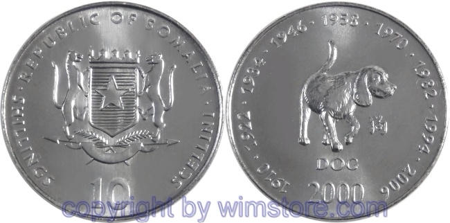 Somalia, 10 Shillings (Scellini) 2000, Hund, KM 100, Stahl-vernickelt
