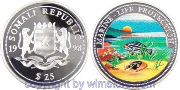 Somalia, 25 Dollars 1998, Fische, Silber, PP, mit Kapsel