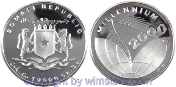 Somalia, 10000 Shillings (1998), Millenium, Globus, Silber, PP, mit Kapsel