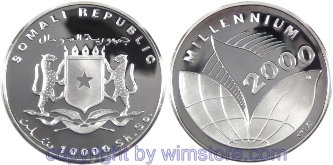 Somalia, 10000 Shillings (1998), Millenium, Globus, Silber, PP, mit Kapsel