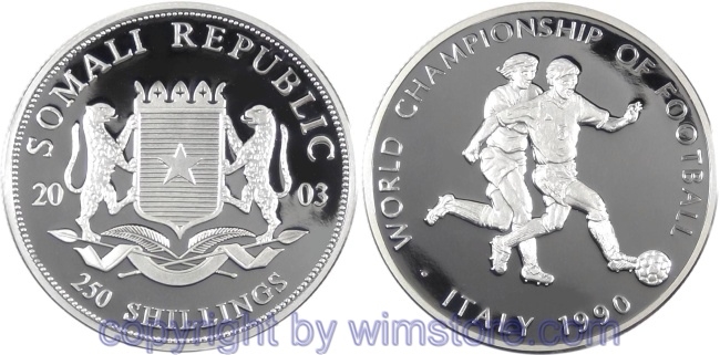 Somalia, 250 Shillings 2003, Fußball, 2 Spieler, Silber, PP, mit Kapsel