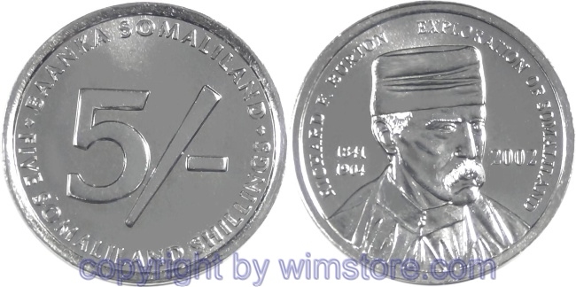 Somaliland, 5 Shillings 2002, Sir Richard Francis Burton, KM 4, Aluminium