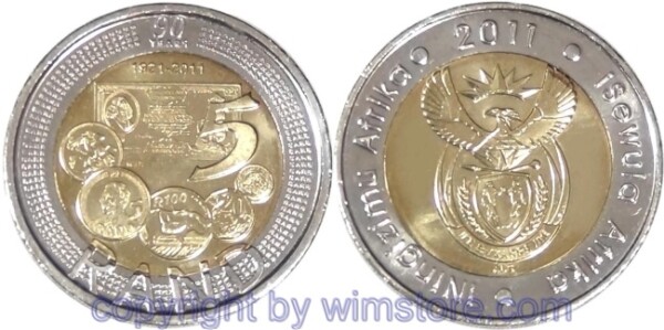 Südafrika, 5 Rand 2011, 90 Jahre Zentralbank, KM 507, Bi-Metall