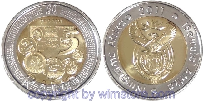 Südafrika, 5 Rand 2011, 90 Jahre Zentralbank, KM 507, Bi-Metall