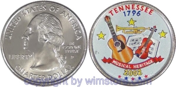 USA, 1/4 Dollar (Quarter) 2002, Tennessee, Coloriert, KM 331, Ku-Ku/Ni plattiert