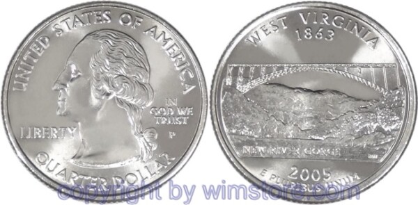 USA, 1/4 Dollar (Quarter) 2005, West Virginia, KM 374, Ku-Ku/Ni plattiert