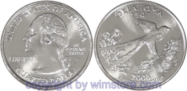 USA, 1/4 Dollar (Quarter) 2008, Oklahoma, KM 421, Ku-Ku/Ni plattiert