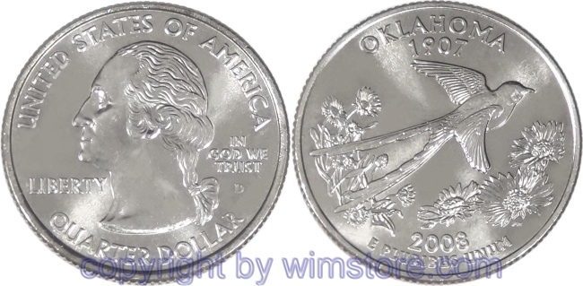 USA, 1/4 Dollar (Quarter) 2008, Oklahoma, KM 421, Ku-Ku/Ni plattiert