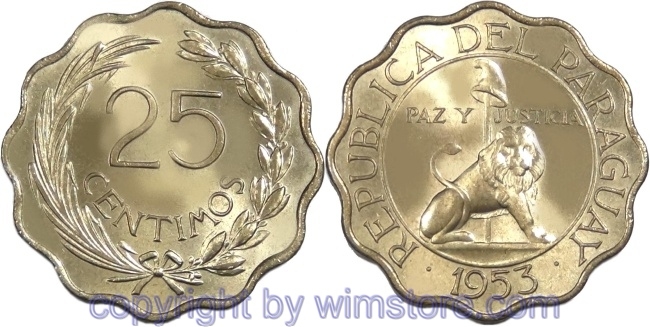 Paraguay, 25 Centimos 1953, KM 27, Alu/Bro