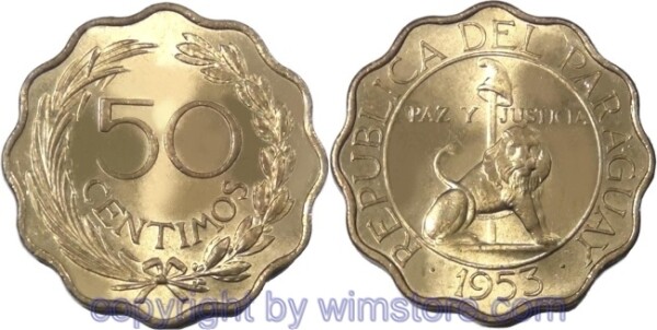 Paraguay, 50 Centimos 1953, KM 28, Alu/Bro