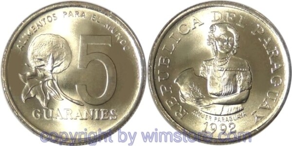 Paraguay, 5 Guaranies 1992, FAO, KM 166a, Ni/Bro