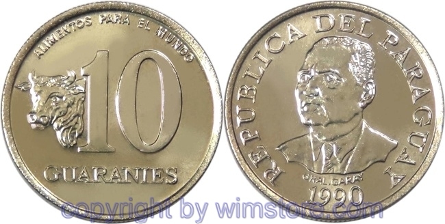 Paraguay, 10 Guaranies 1990, FAO, KM 178, Ni/Bro