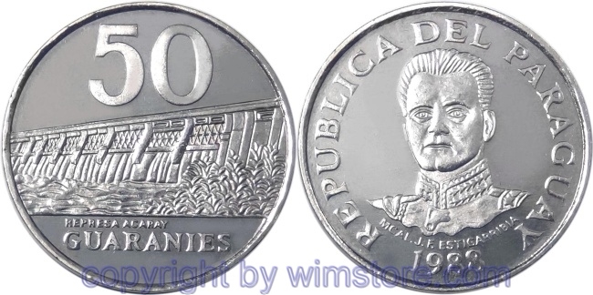 Paraguay, 50 Guaranies 1980, 1986, 1988, KM 169, Stahl