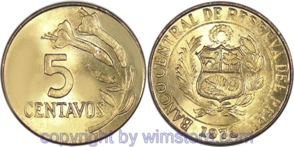 Peru, 5 Centavos 1969 - 1973, KM 244.2, Messing