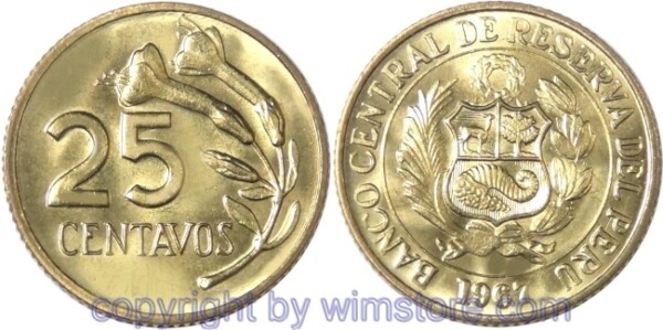 Peru, 25 Centavos 1966 - 1968, KM 246.1, Messing