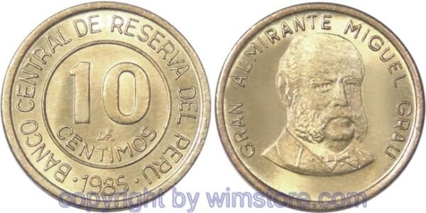 Peru, 10 Centimos 1985 - 1987, KM 293, Messing