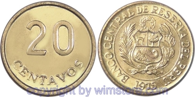 Peru, 20 Centavos 1975, KM 264, Messing