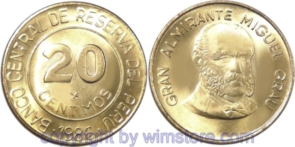 Peru, 20 Centimos 1985 - 1987, KM 294, Messing