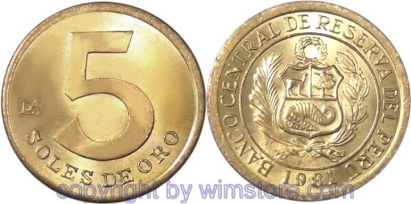 Peru, 5 Soles 1978 - 1983, KM 271, Messing