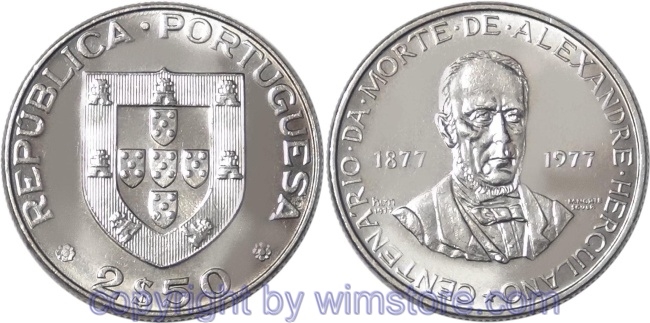 Portugal, 2 1/2 Escudos (1977), 100. Todestag von Alexandre Herculano, KM 605, Ku/Ni
