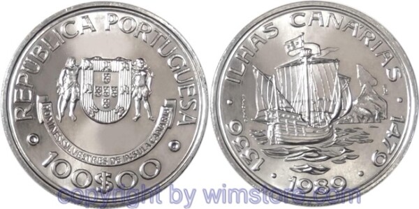 Portugal, 100 Escudos 1989, Entdeckung der Kanarischen Inseln, KM 646, Ku/Ni