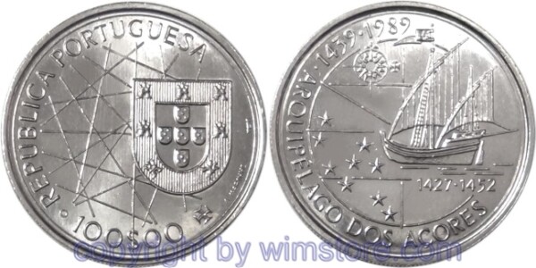 Portugal, 100 Escudos (1989), Entdeckung der Azoren, KM 648, Ku/Ni