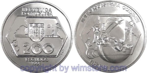 Portugal, 200 Escudos 1991, Stilisiertes Schiff, KM 659, Ku/Ni