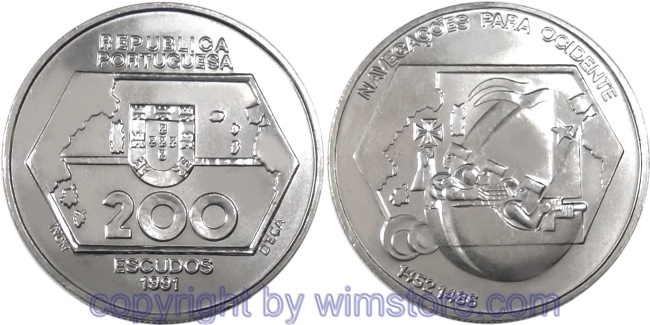 Portugal, 200 Escudos 1991, Stilisiertes Schiff, KM 659, Ku/Ni