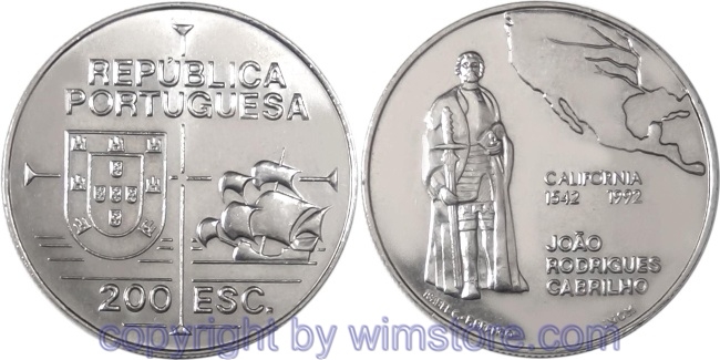 Portugal, 200 Escudos 1992, Karavelle San Salvador // Joao Rodrigues Cabrilho, Entdecker Kaliforniens, KM 661, Ku/Ni