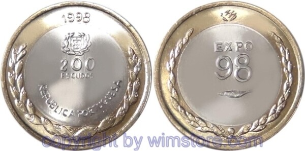 Portugal, 200 Escudos 1998, EXPO 1998, Internationales Jahr des Ozeans, KM 706, Bi-Metall