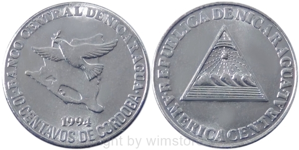 s8923 Nicaragua, 10 Centavos 1994, KM 81, Stahl verchromt