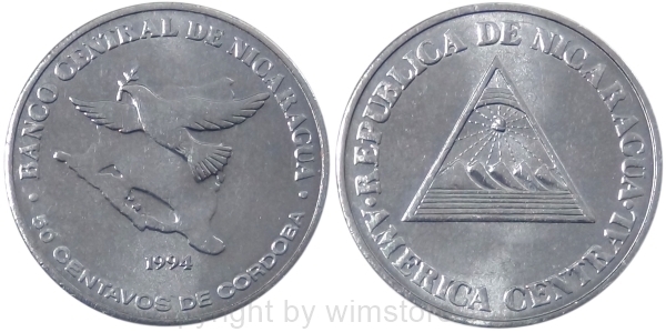 s8925 Nicaragua, 50 Centavos 1994, KM 83, Stahl verchromt