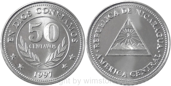 s8940 Nicaragua, 50 Centavos 1997, KM 88, Stahl vernickelt