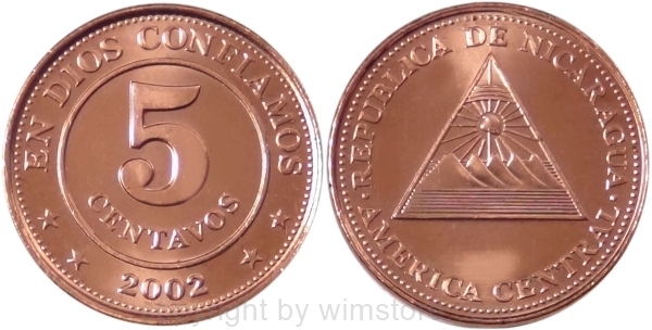 s8942 Nicaragua, 5 Centavos 2002, KM 97, Stahl verkupfert