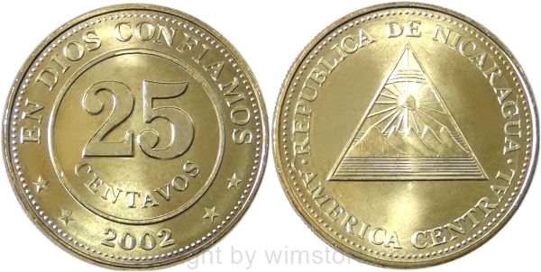 s8944 Nicaragua, 25 Centavos 2002, 2003, 2007 KM 99, Stahl - Messing beschichtet