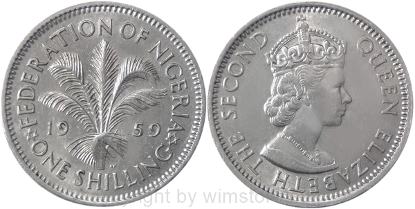 Nigeria, 1 Shilling 1959, 1961, 1962, KM 5, Ku/Ni