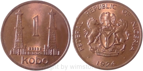 Nigeria, 1 Kobo 1973, 1974, KM 8.1, Bronze