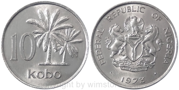 Nigeria, 10 Kobo 1973, 1974, 1976, KM 10.1, Ku/Ni